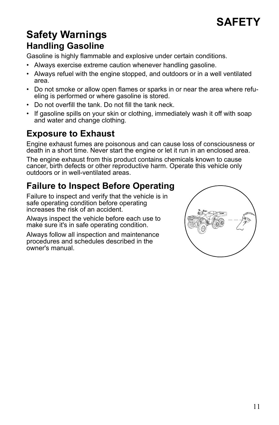 Safety, Safety warnings, Handling gasoline | Exposure to exhaust, Failure to inspect before operating | Polaris Sportsman 9922233 User Manual | Page 15 / 143