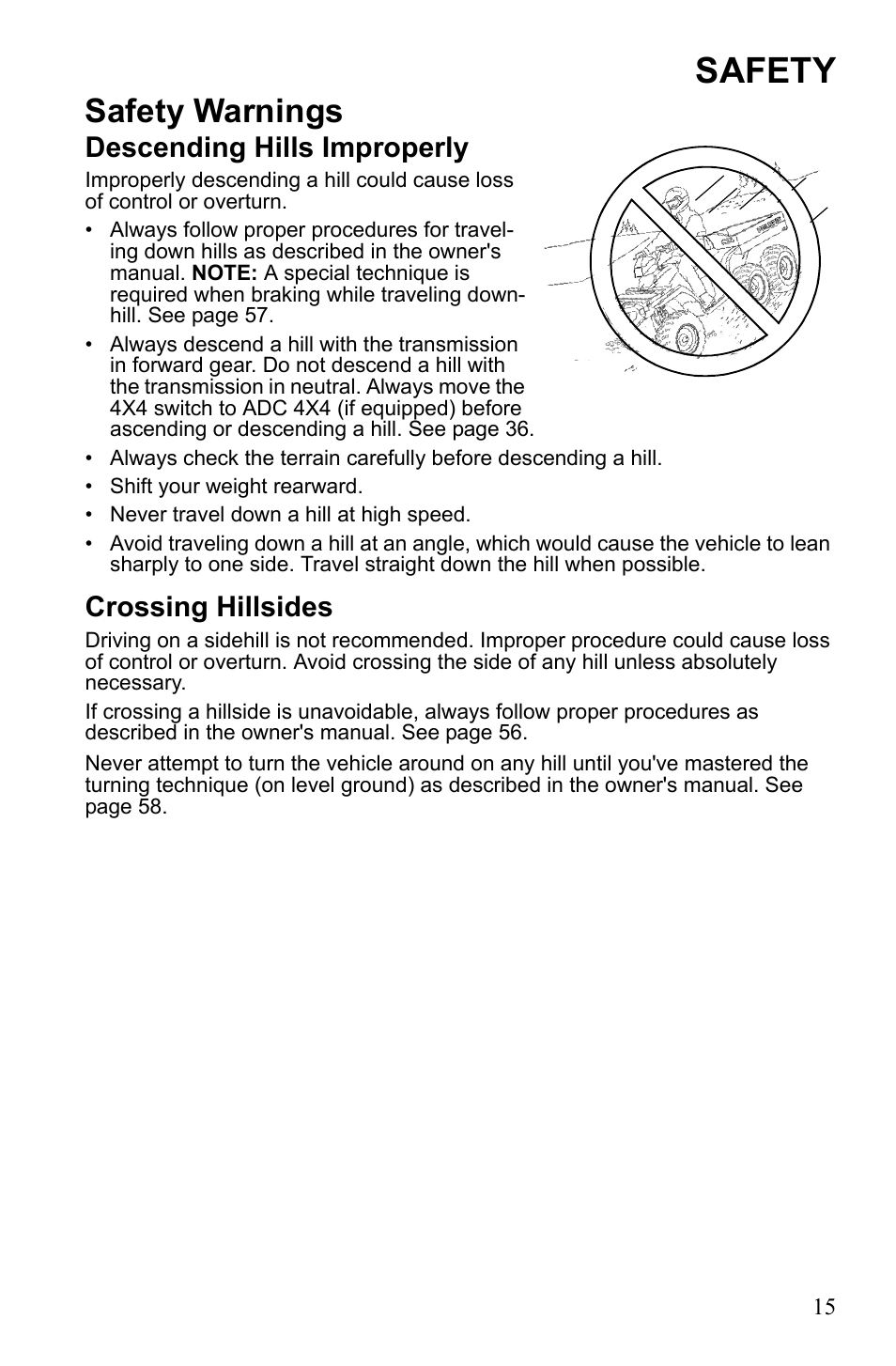 Safety, Safety warnings, Descending hills improperly | Crossing hillsides | Polaris Sportsman 9922233 User Manual | Page 19 / 143