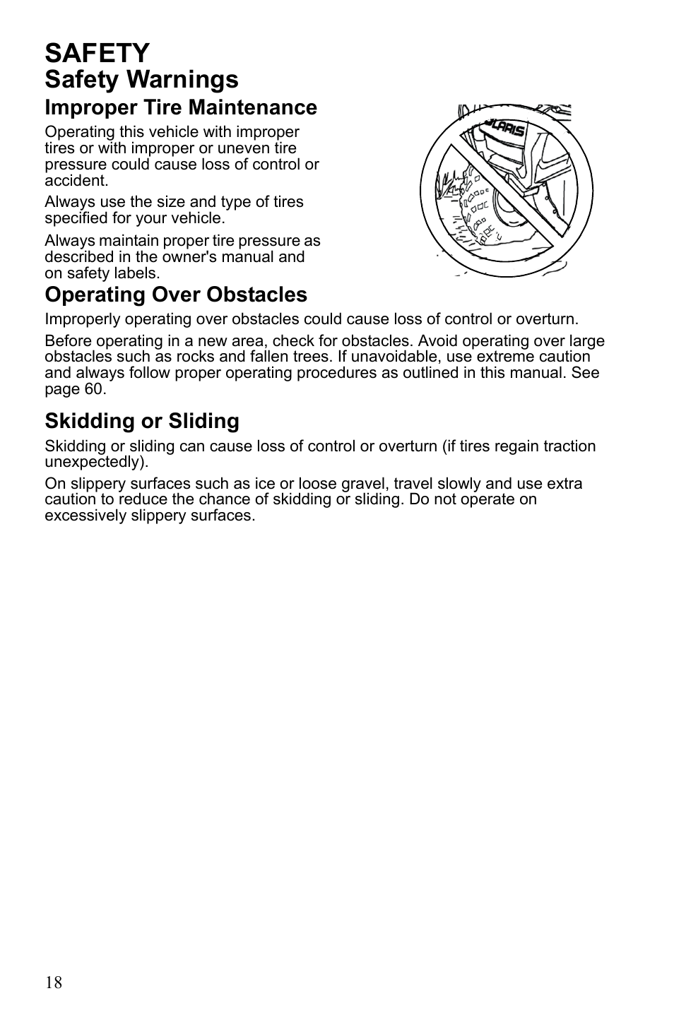 Safety, Safety warnings, Improper tire maintenance | Operating over obstacles, Skidding or sliding | Polaris Sportsman 9922233 User Manual | Page 22 / 143