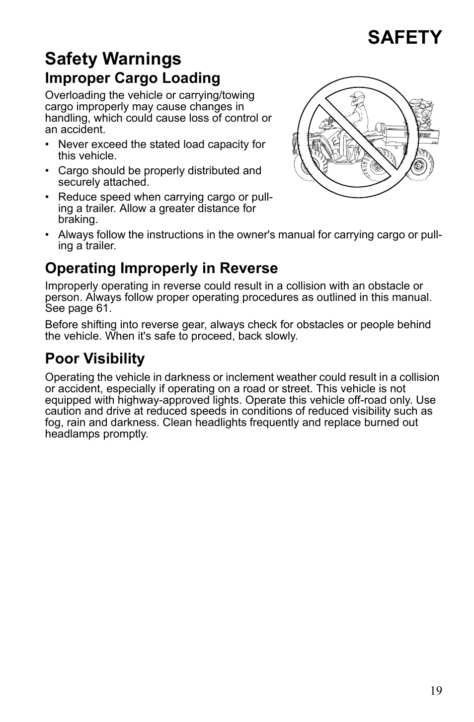 Safety, Safety warnings, Improper cargo loading | Operating improperly in reverse, Poor visibility | Polaris Sportsman 9922233 User Manual | Page 23 / 143