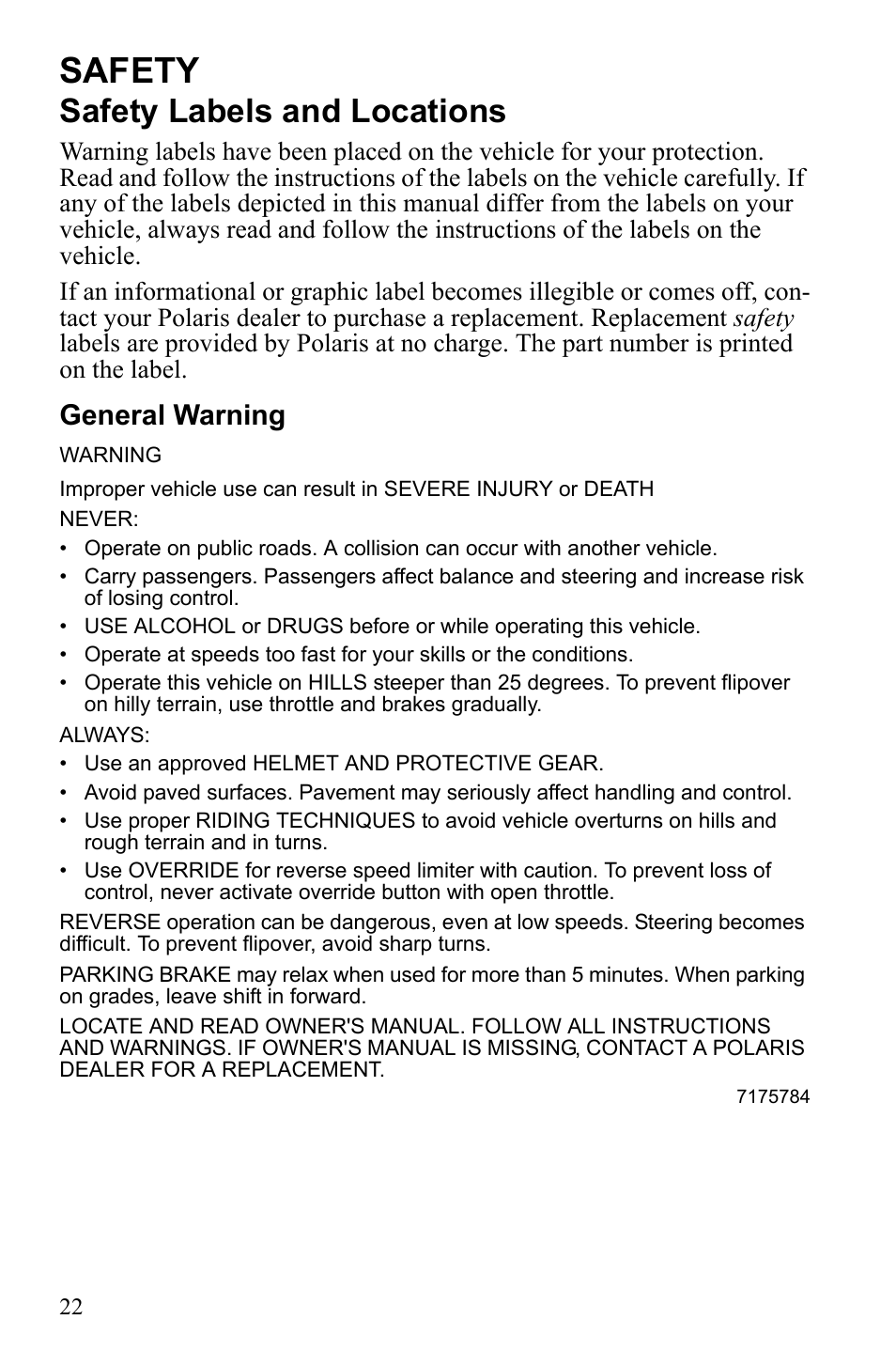 Safety, Safety labels and locations, General warning | Polaris Sportsman 9922233 User Manual | Page 26 / 143