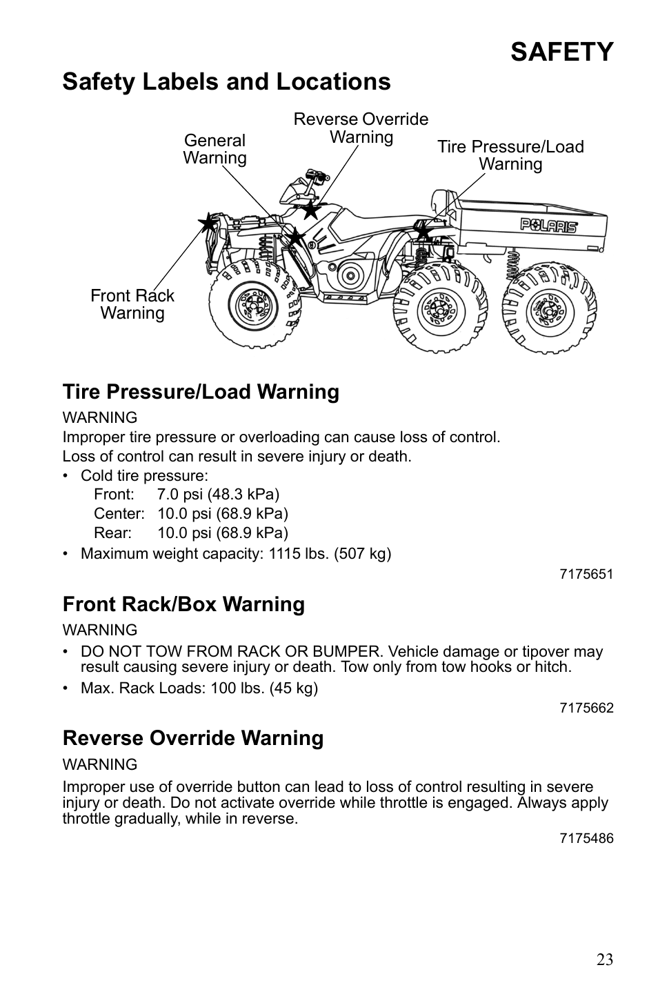 Safety, Safety labels and locations | Polaris Sportsman 9922233 User Manual | Page 27 / 143