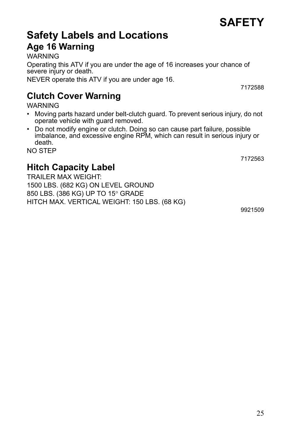 Safety, Safety labels and locations, Age 16 warning | Clutch cover warning, Hitch capacity label | Polaris Sportsman 9922233 User Manual | Page 29 / 143