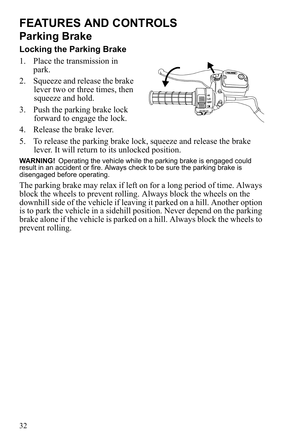 Features and controls, Parking brake | Polaris Sportsman 9922233 User Manual | Page 36 / 143