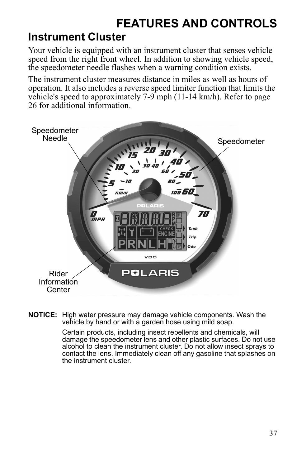 Features and controls, Instrument cluster | Polaris Sportsman 9922233 User Manual | Page 41 / 143