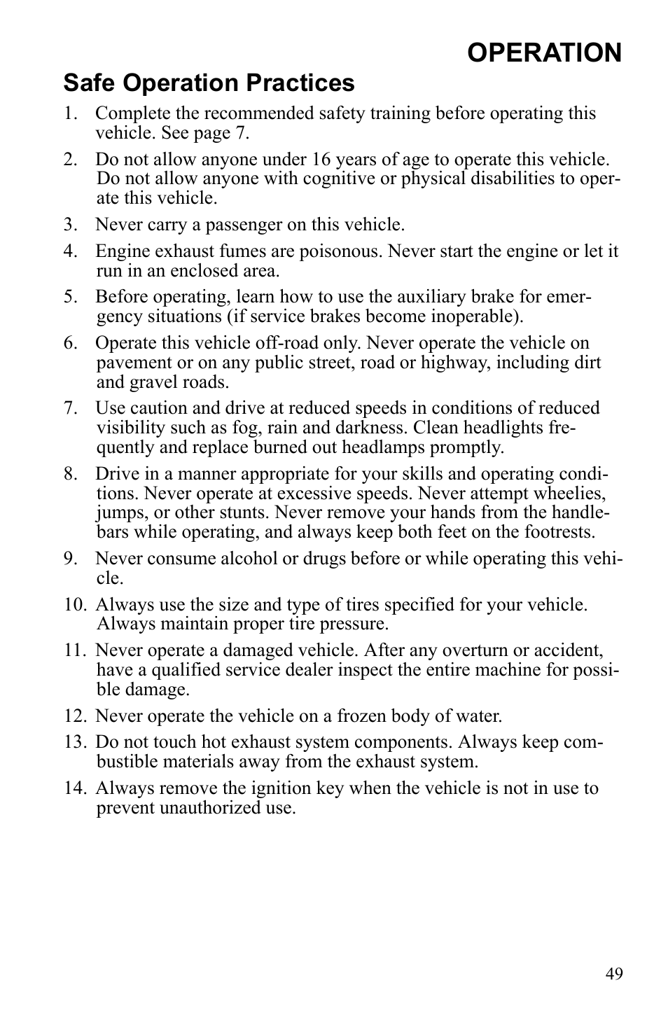 Operation, Safe operation practices | Polaris Sportsman 9922233 User Manual | Page 53 / 143