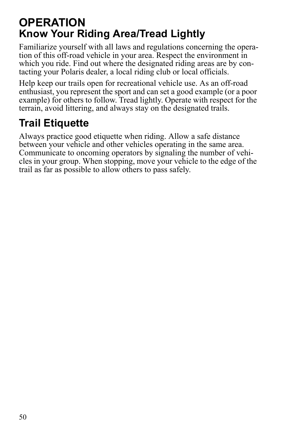 Operation, Know your riding area/tread lightly, Trail etiquette | Polaris Sportsman 9922233 User Manual | Page 54 / 143