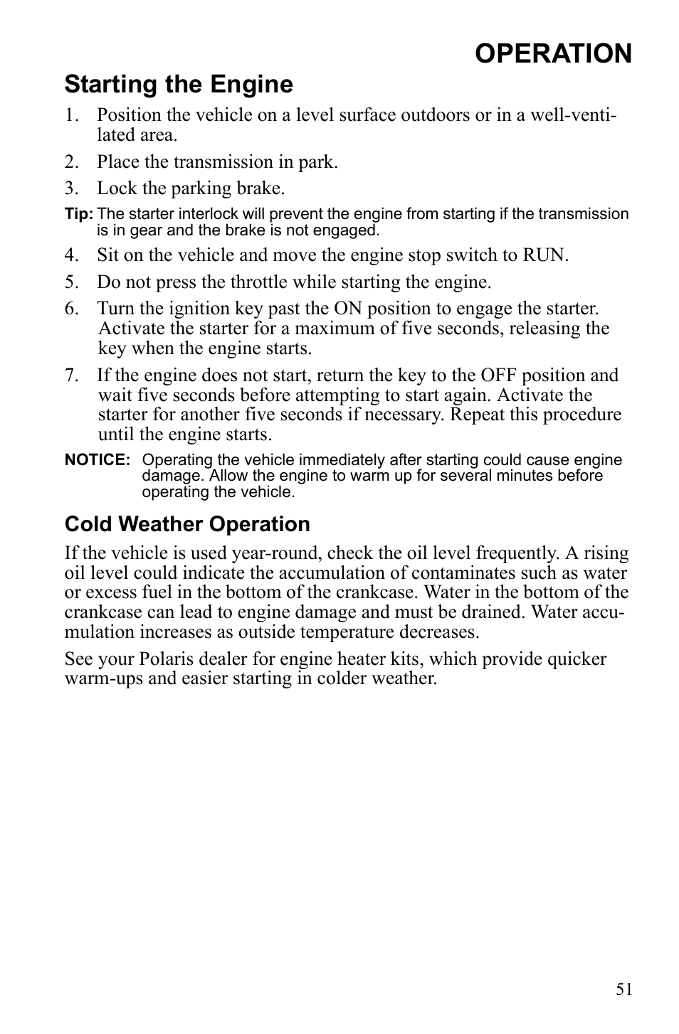 Operation, Starting the engine | Polaris Sportsman 9922233 User Manual | Page 55 / 143