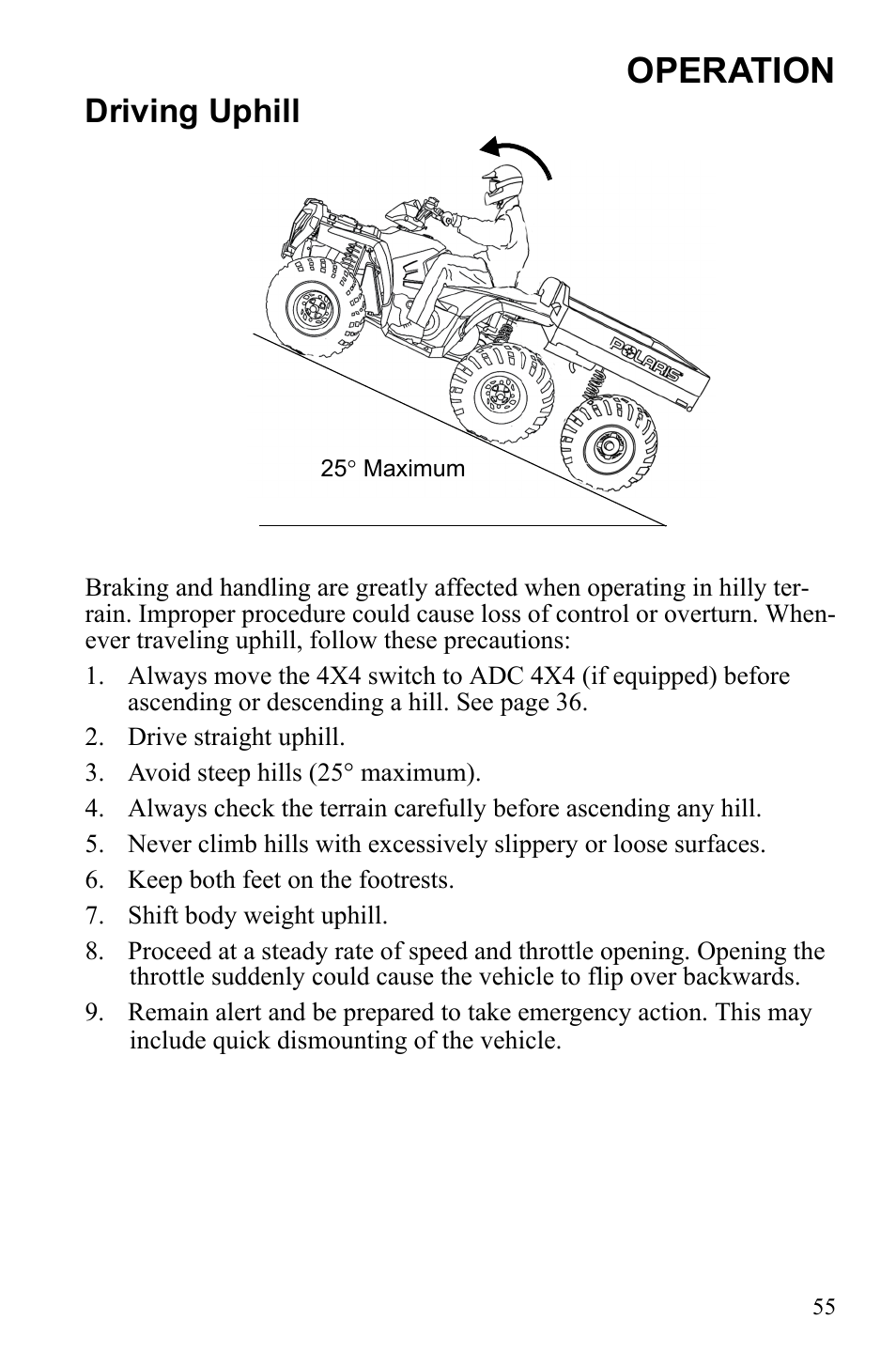 Operation, Driving uphill | Polaris Sportsman 9922233 User Manual | Page 59 / 143