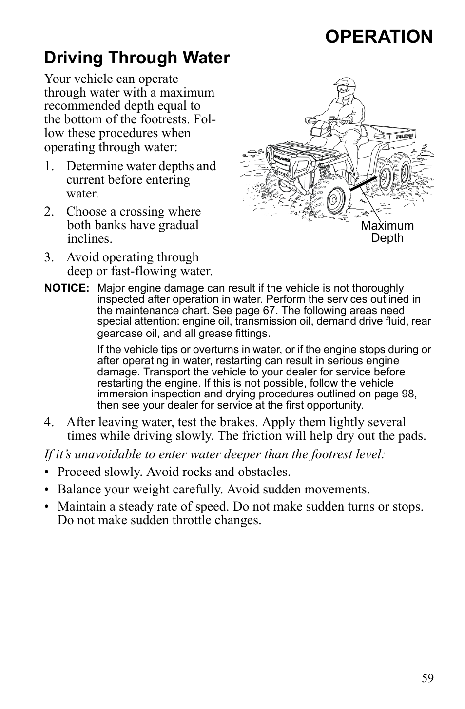 Operation, Driving through water | Polaris Sportsman 9922233 User Manual | Page 63 / 143