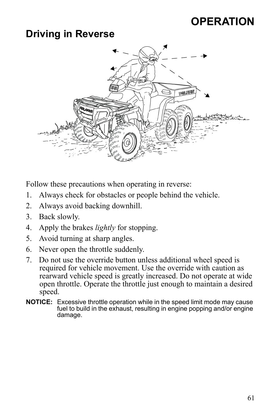 Operation, Driving in reverse | Polaris Sportsman 9922233 User Manual | Page 65 / 143