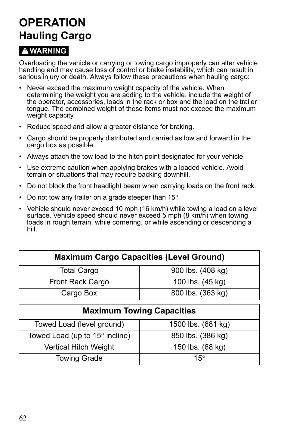 Operation, Hauling cargo | Polaris Sportsman 9922233 User Manual | Page 66 / 143