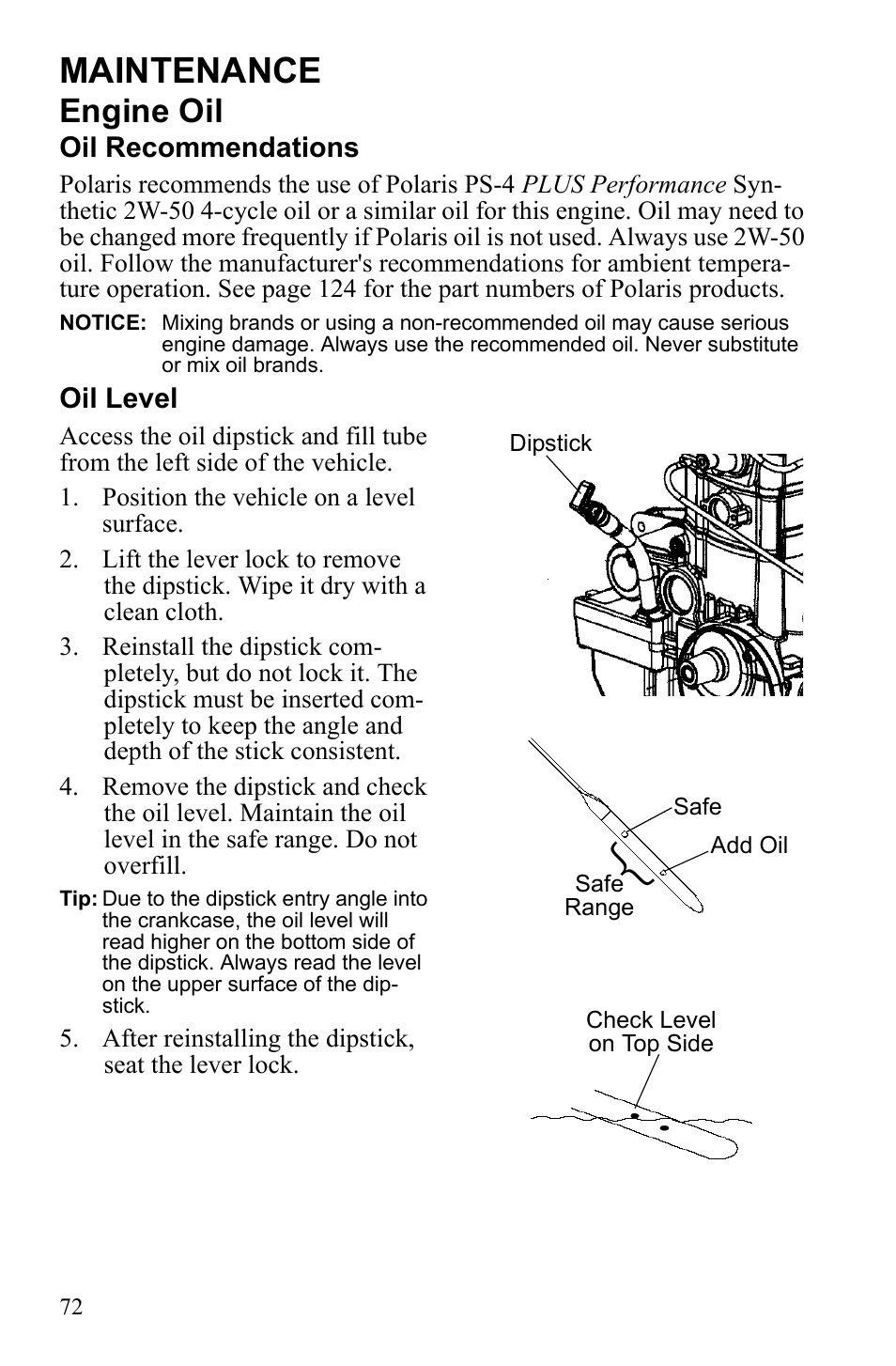 Maintenance, Engine oil | Polaris Sportsman 9922233 User Manual | Page 76 / 143