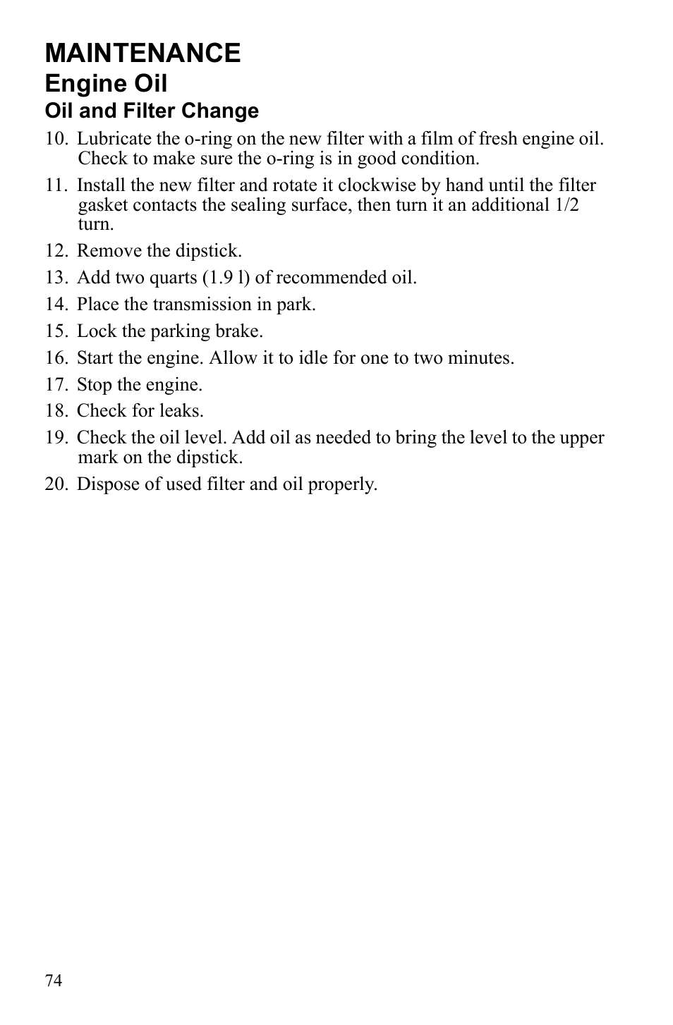 Maintenance, Engine oil | Polaris Sportsman 9922233 User Manual | Page 78 / 143