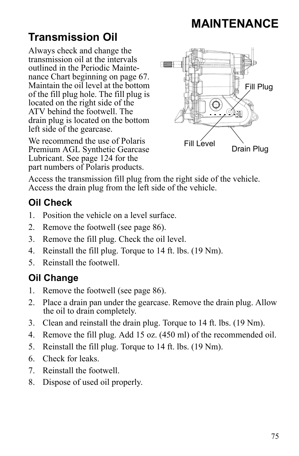 Maintenance, Transmission oil | Polaris Sportsman 9922233 User Manual | Page 79 / 143