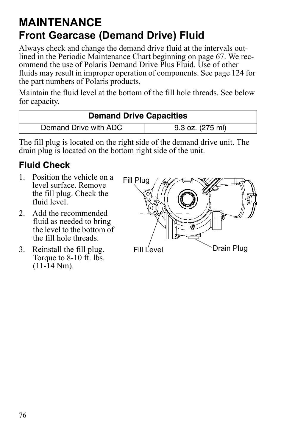 Maintenance, Front gearcase (demand drive) fluid | Polaris Sportsman 9922233 User Manual | Page 80 / 143