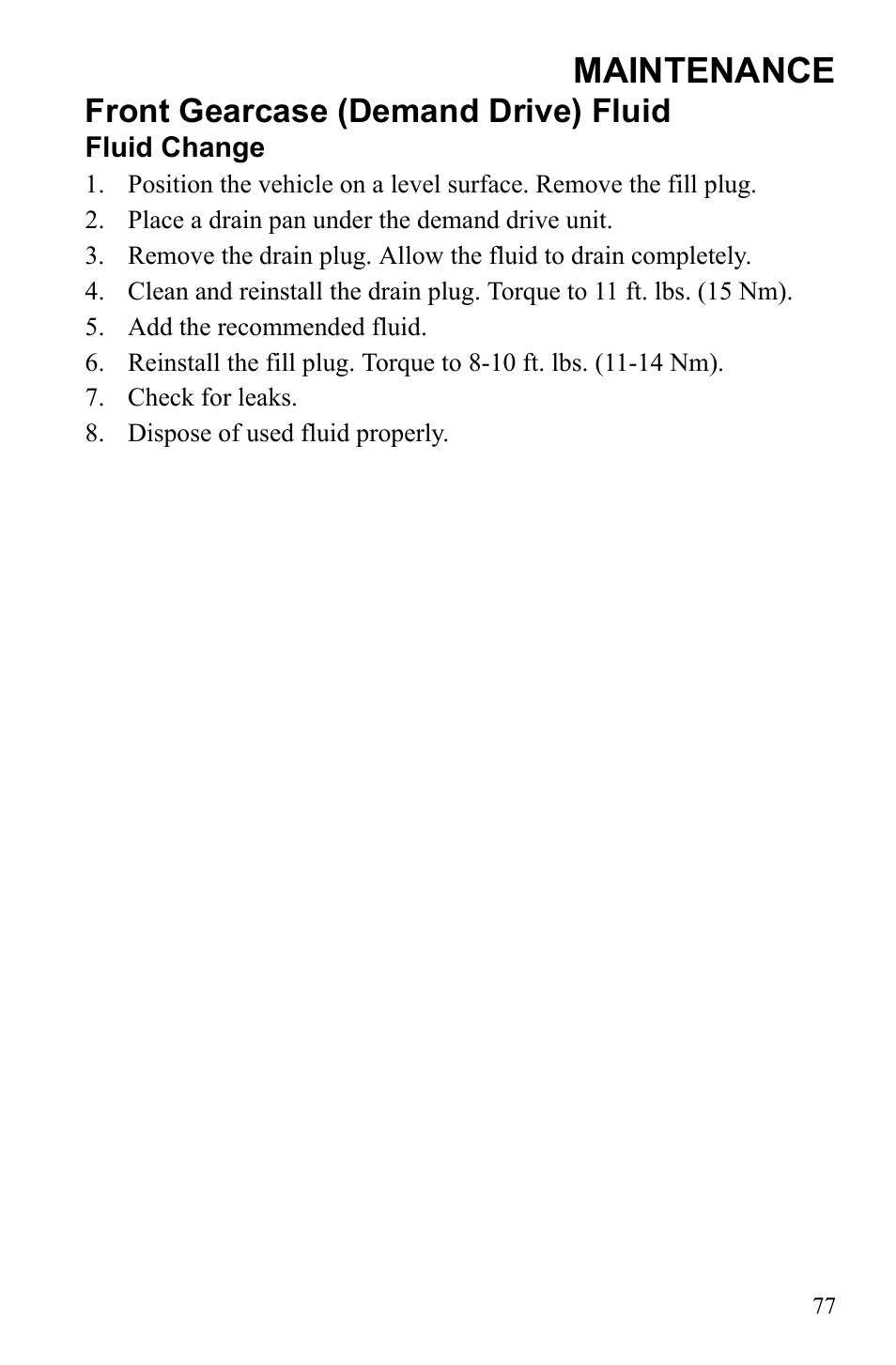 Maintenance, Front gearcase (demand drive) fluid | Polaris Sportsman 9922233 User Manual | Page 81 / 143