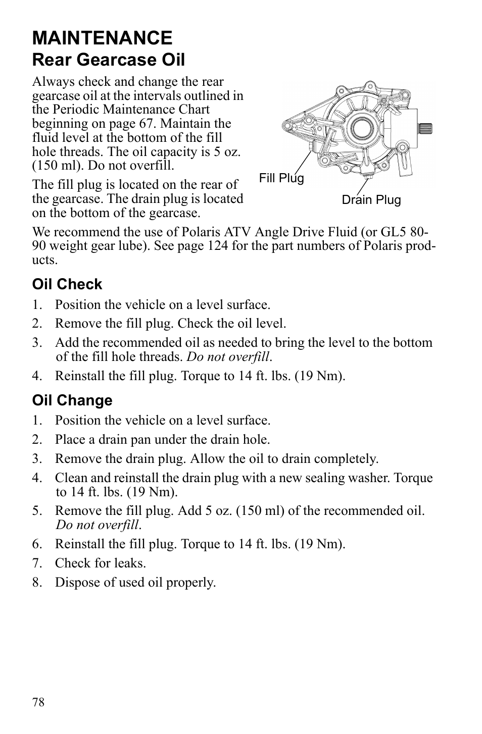 Maintenance, Rear gearcase oil | Polaris Sportsman 9922233 User Manual | Page 82 / 143