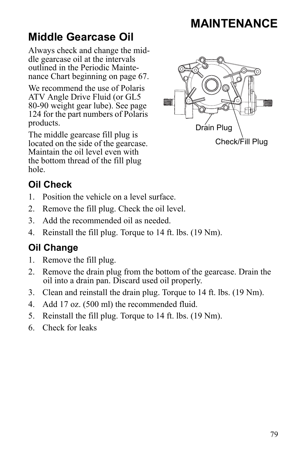 Maintenance, Middle gearcase oil | Polaris Sportsman 9922233 User Manual | Page 83 / 143