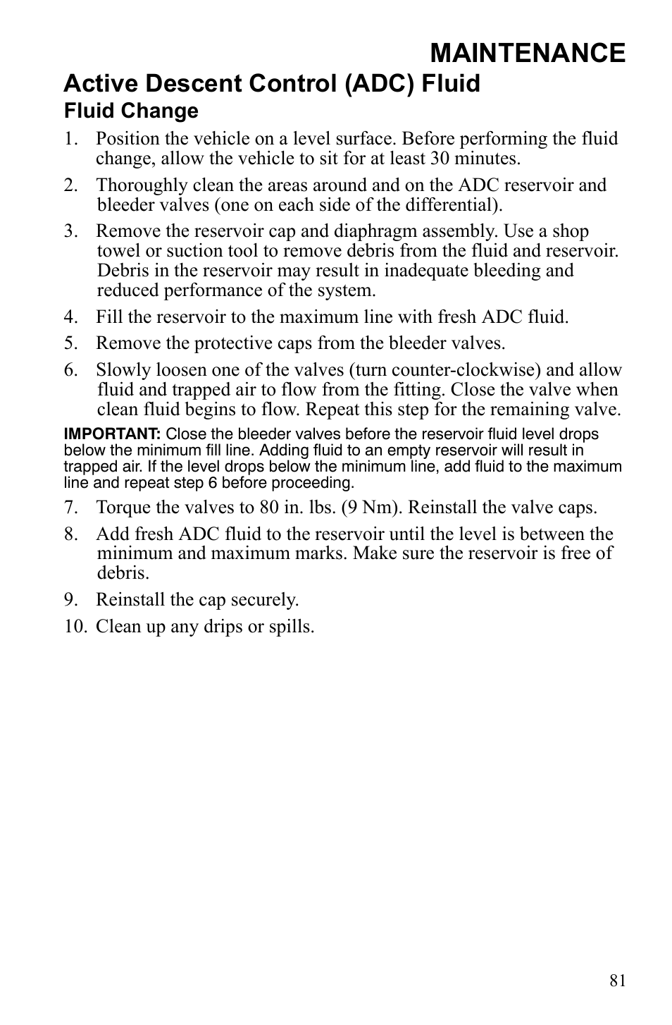 Maintenance, Active descent control (adc) fluid | Polaris Sportsman 9922233 User Manual | Page 85 / 143