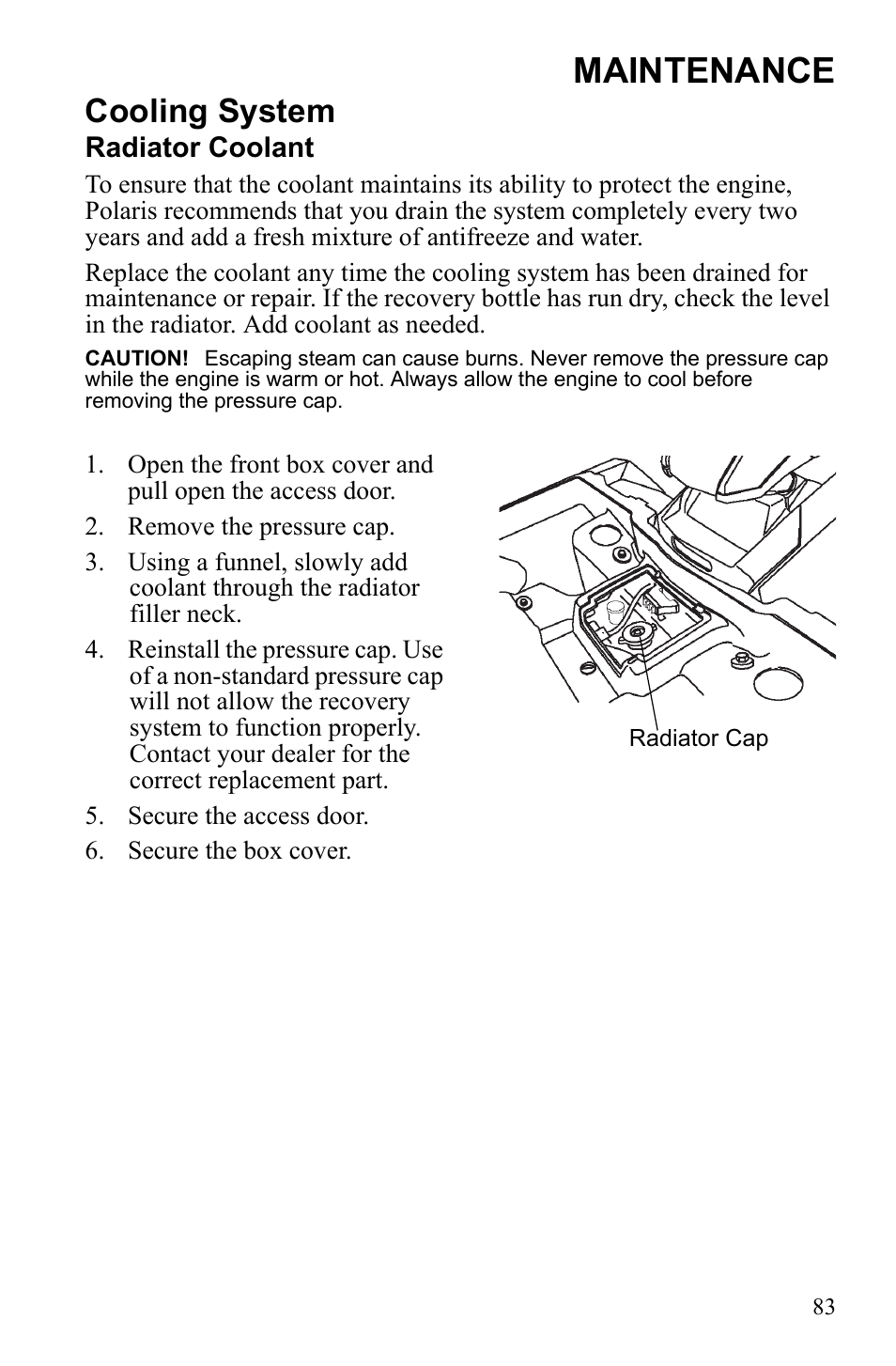 Maintenance, Cooling system | Polaris Sportsman 9922233 User Manual | Page 87 / 143