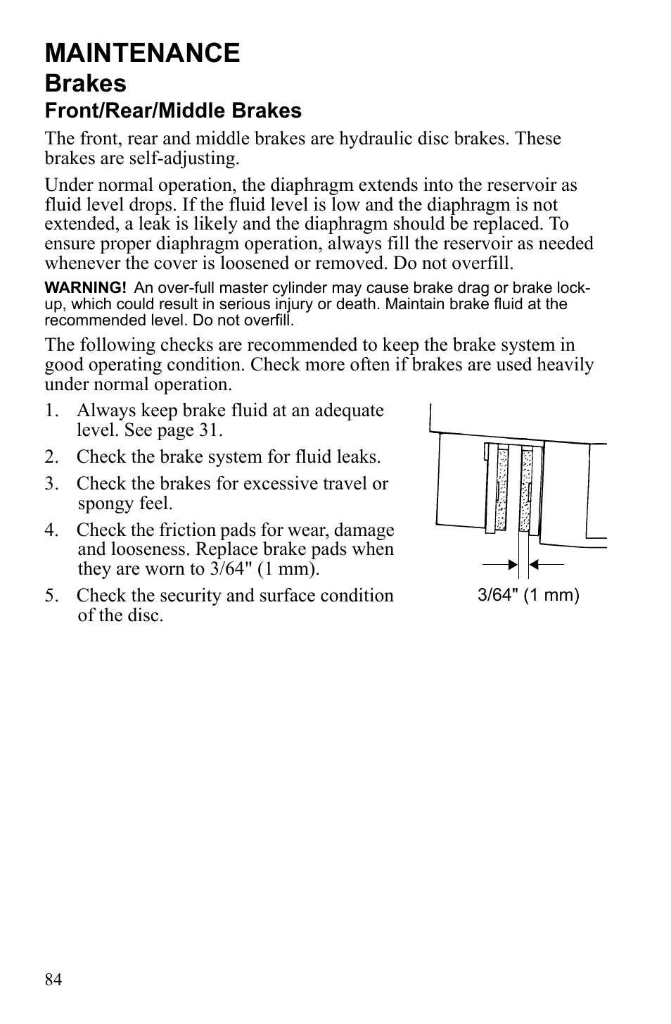 Maintenance, Brakes | Polaris Sportsman 9922233 User Manual | Page 88 / 143