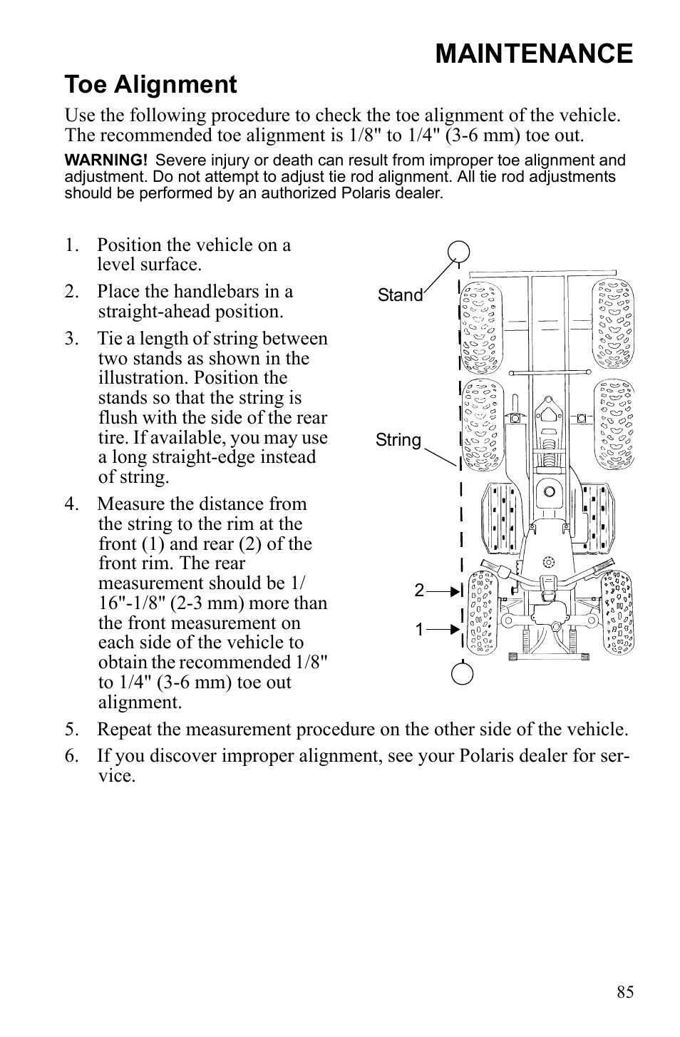 Maintenance, Toe alignment | Polaris Sportsman 9922233 User Manual | Page 89 / 143