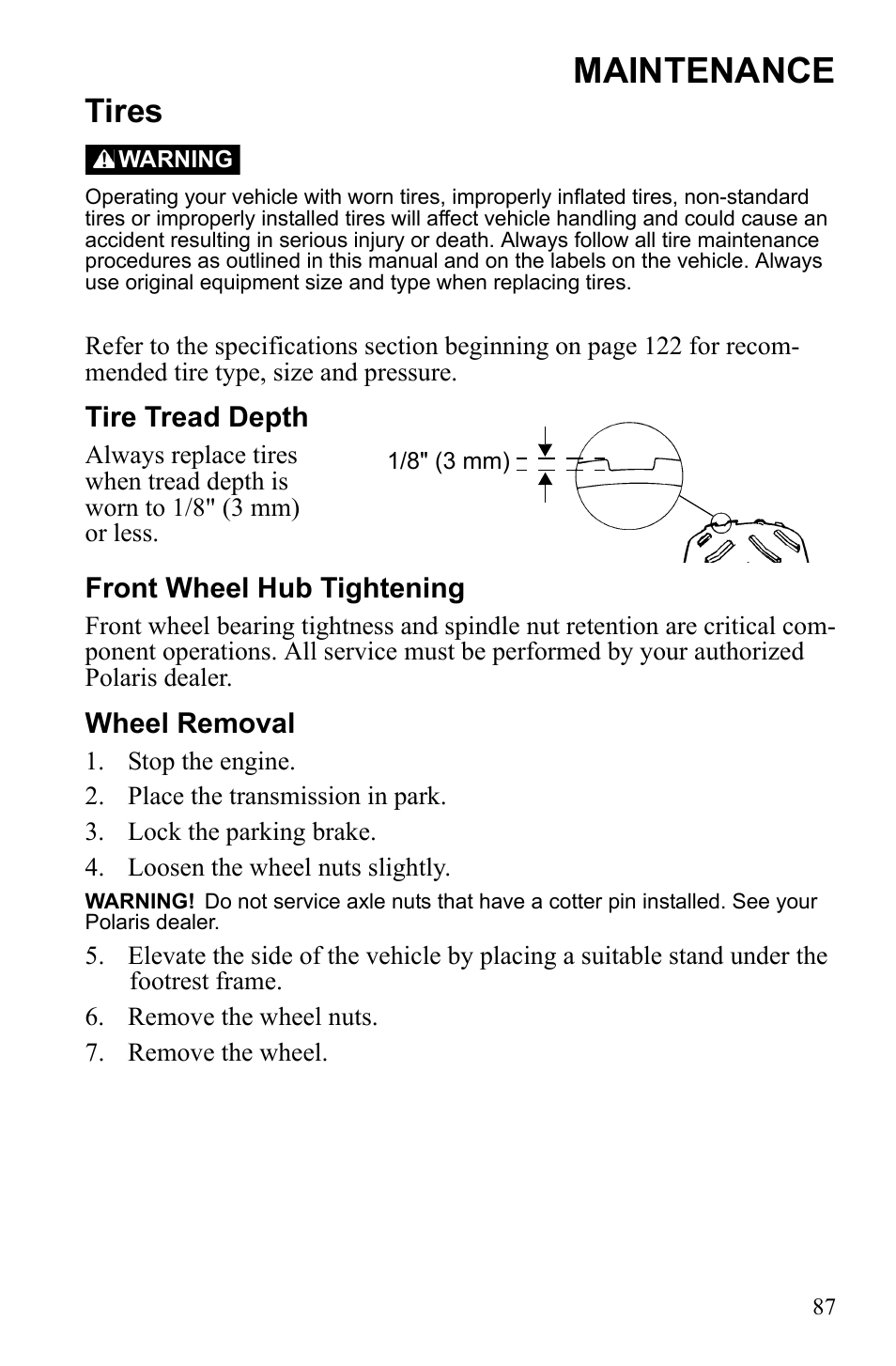 Maintenance, Tires, Tire tread depth | Front wheel hub tightening, Wheel removal | Polaris Sportsman 9922233 User Manual | Page 91 / 143