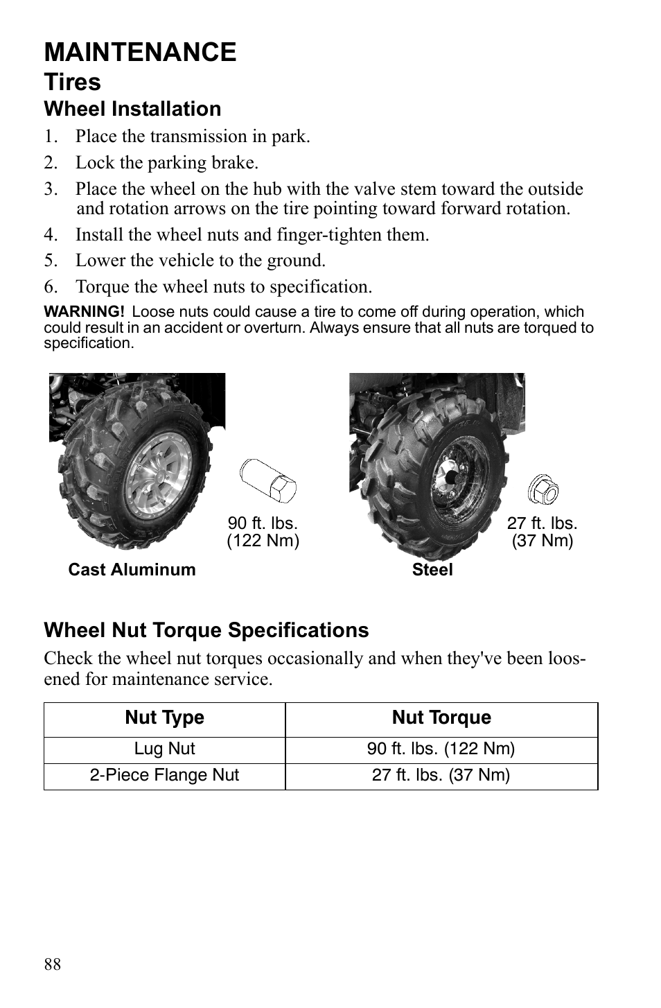 Maintenance, Tires, Wheel installation | Wheel nut torque specifications | Polaris Sportsman 9922233 User Manual | Page 92 / 143