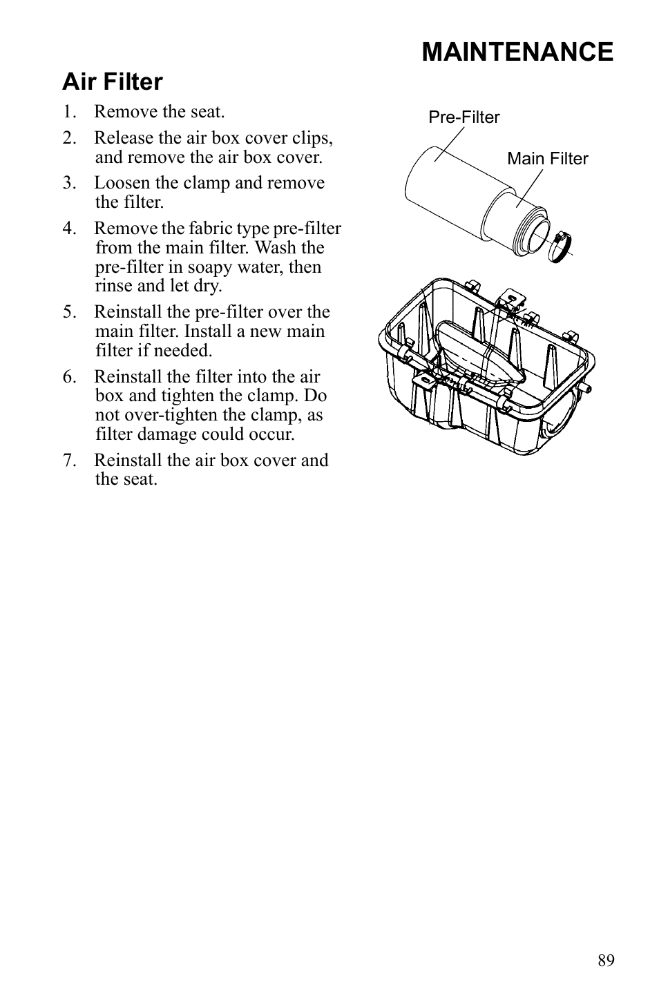 Maintenance, Air filter | Polaris Sportsman 9922233 User Manual | Page 93 / 143