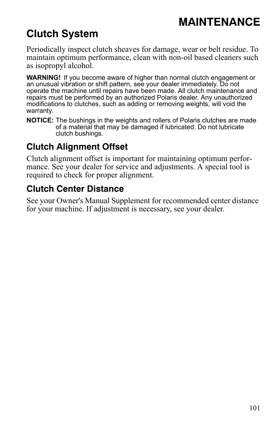 Maintenance, Clutch system, Clutch alignment offset | Clutch center distance | Polaris 600 LX User Manual | Page 104 / 141