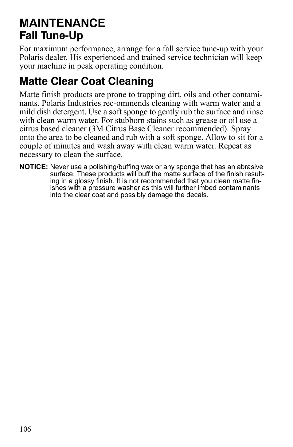 Maintenance, Fall tune-up, Matte clear coat cleaning | Polaris 600 LX User Manual | Page 109 / 141