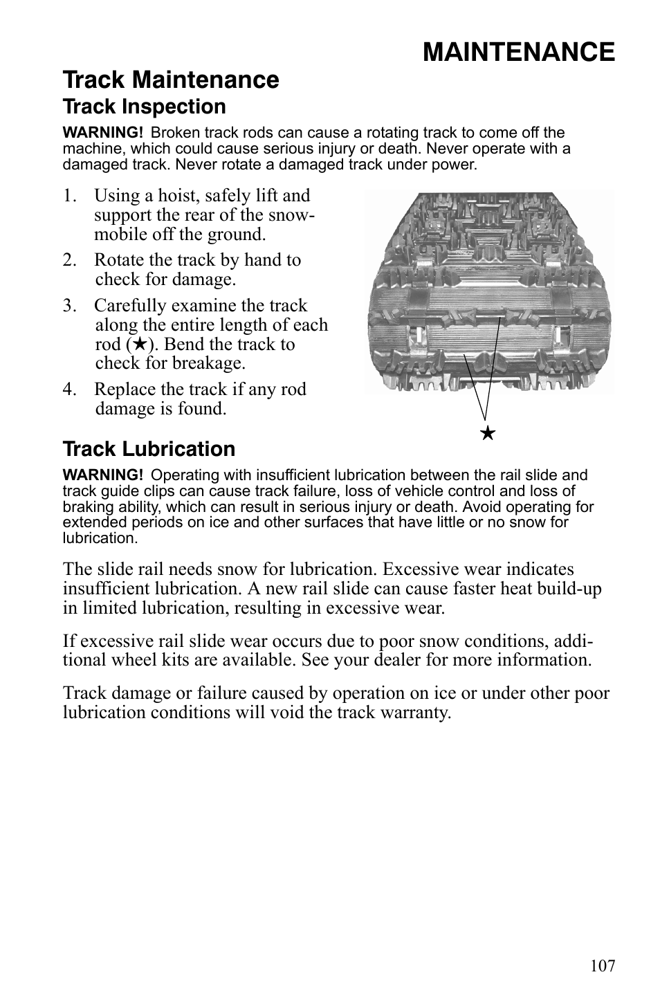 Maintenance, Track maintenance, Track inspection | Track lubrication | Polaris 600 LX User Manual | Page 110 / 141