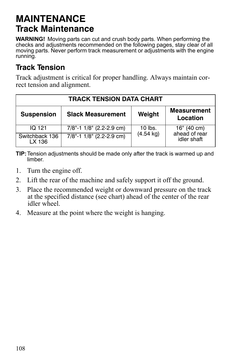 Maintenance, Track maintenance, Track tension | Polaris 600 LX User Manual | Page 111 / 141