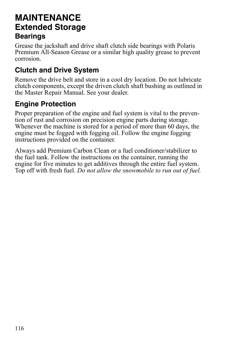 Maintenance, Extended storage | Polaris 600 LX User Manual | Page 119 / 141