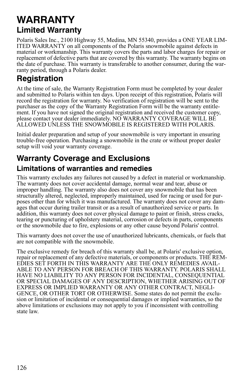 Warranty, Limited warranty, Registration | Warranty coverage and exclusions, Limitations of warranties and remedies | Polaris 600 LX User Manual | Page 129 / 141