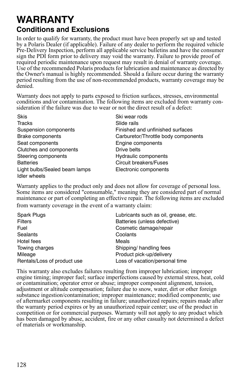 Warranty, Conditions and exclusions | Polaris 600 LX User Manual | Page 131 / 141