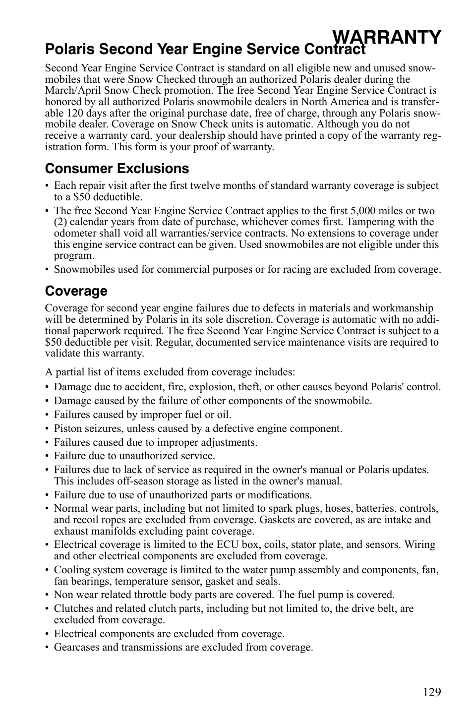 Warranty, Polaris second year engine service contract, Consumer exclusions | Coverage | Polaris 600 LX User Manual | Page 132 / 141