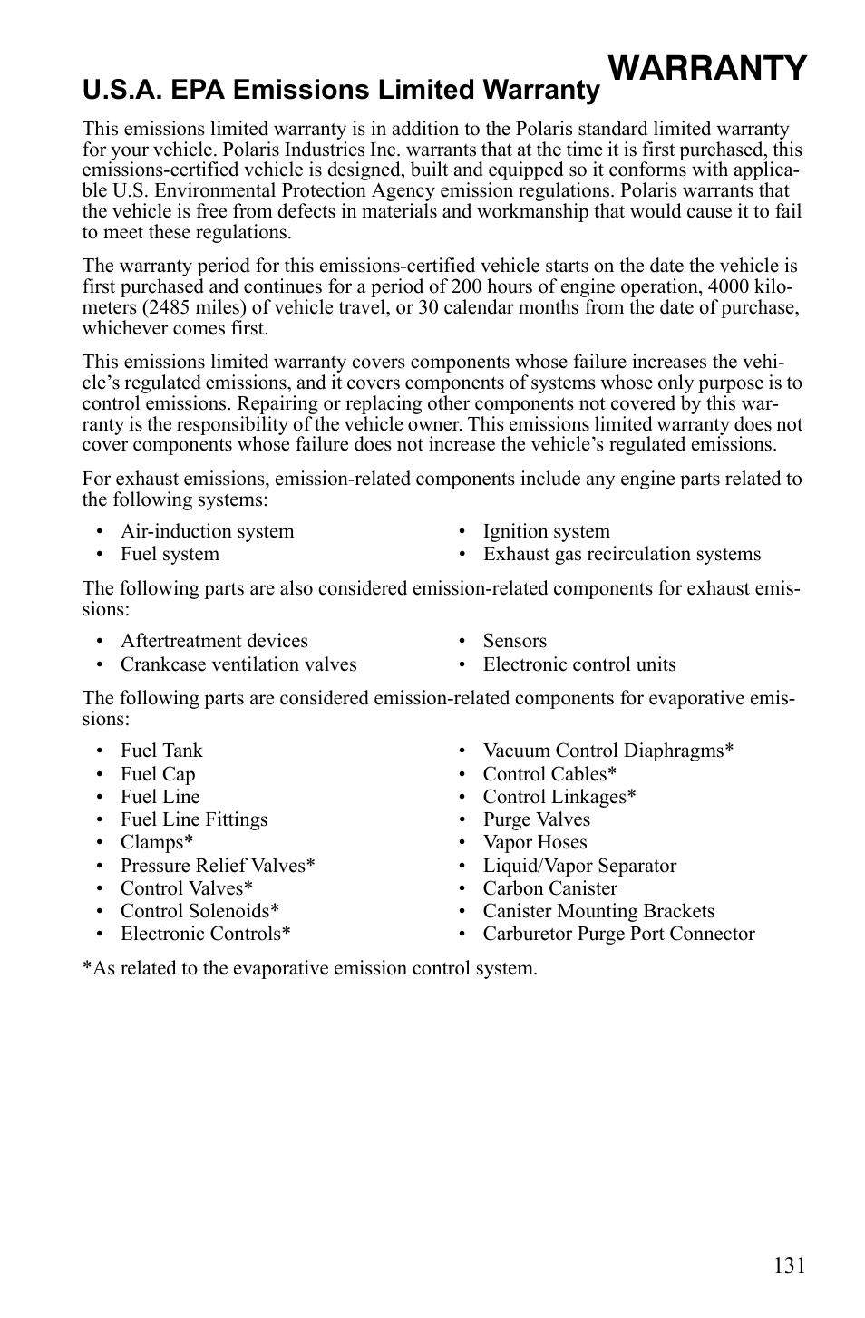 Warranty, U.s.a. epa emissions limited warranty | Polaris 600 LX User Manual | Page 134 / 141