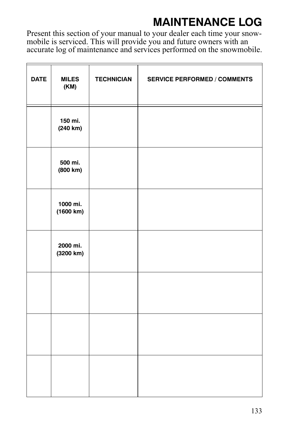 Maintenance log | Polaris 600 LX User Manual | Page 136 / 141