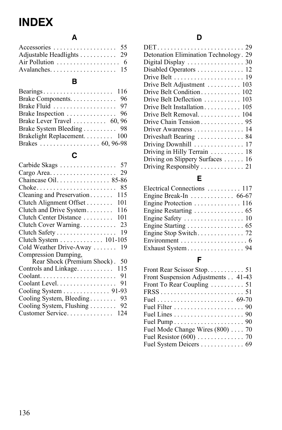 Index | Polaris 600 LX User Manual | Page 139 / 141