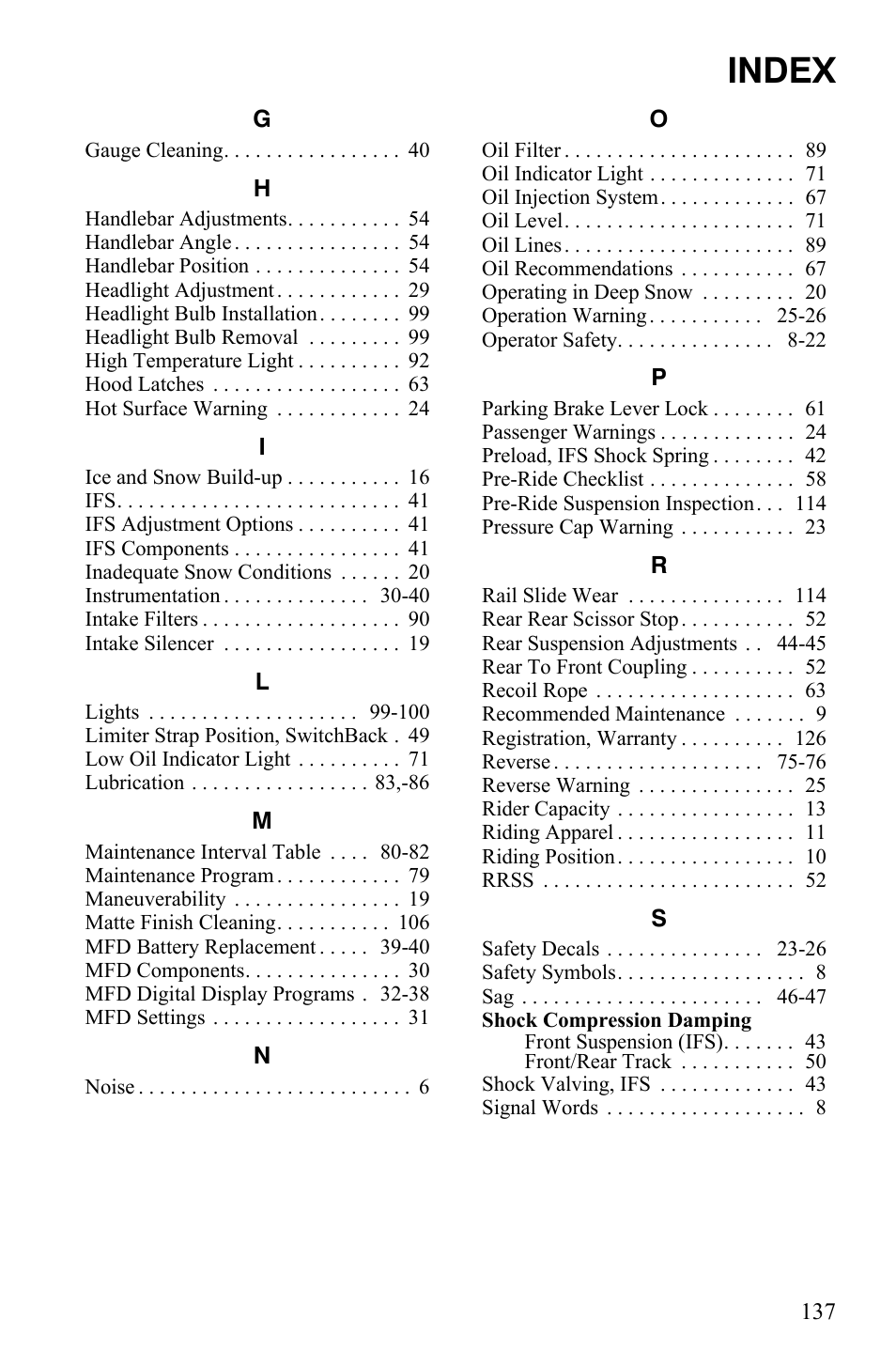 Index | Polaris 600 LX User Manual | Page 140 / 141