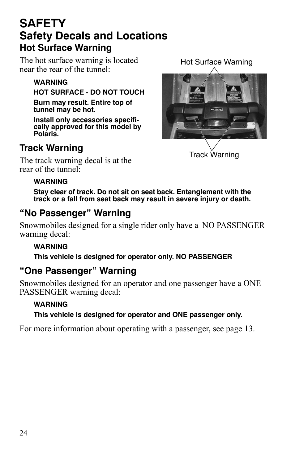 Safety, Safety decals and locations, Hot surface warning | Track warning, No passenger” warning, One passenger” warning | Polaris 600 LX User Manual | Page 27 / 141