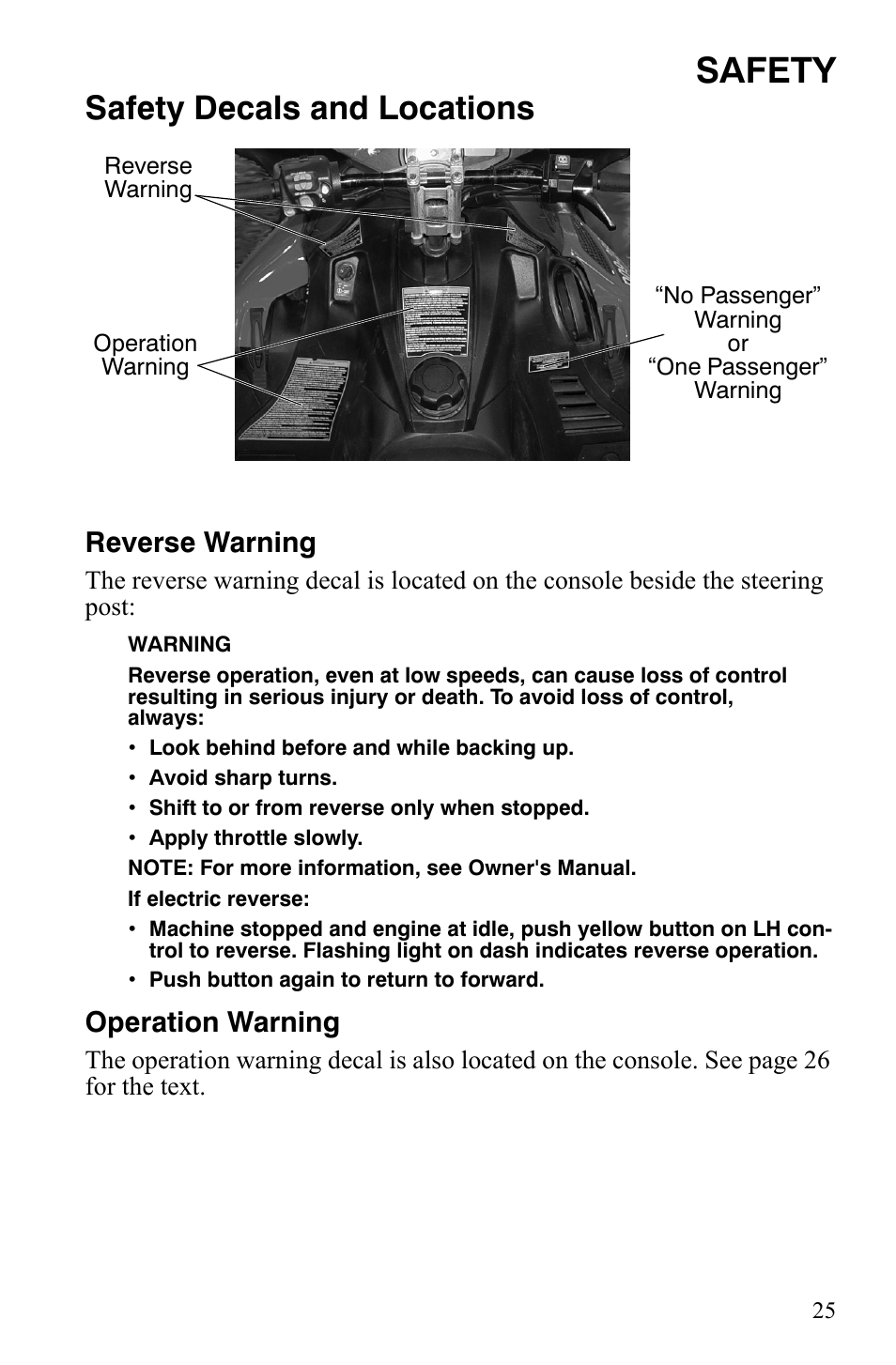 Safety, Safety decals and locations, Reverse warning | Operation warning | Polaris 600 LX User Manual | Page 28 / 141