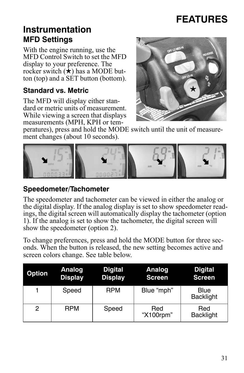 Features, Instrumentation, Mfd settings | Polaris 600 LX User Manual | Page 34 / 141