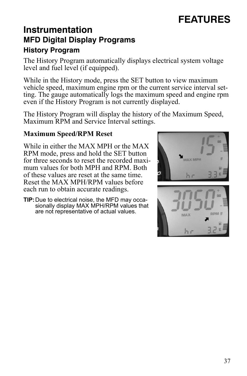 Features, Instrumentation | Polaris 600 LX User Manual | Page 40 / 141