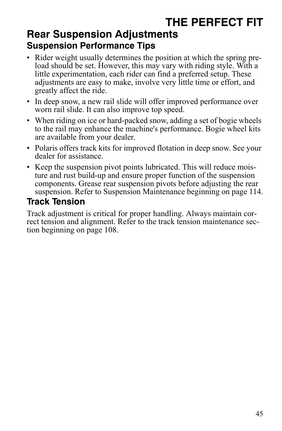 The perfect fit, Rear suspension adjustments | Polaris 600 LX User Manual | Page 48 / 141