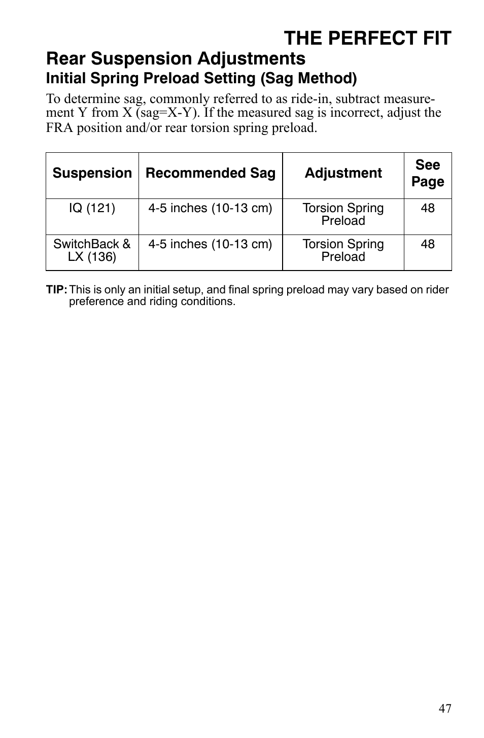 The perfect fit, Rear suspension adjustments, Initial spring preload setting (sag method) | Polaris 600 LX User Manual | Page 50 / 141