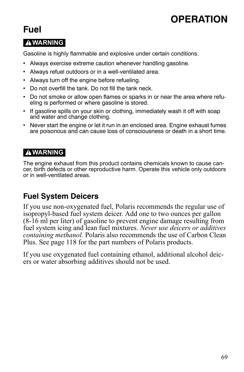 Operation, Fuel, Fuel system deicers | Polaris 600 LX User Manual | Page 72 / 141