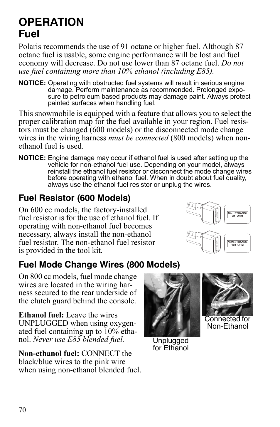 Operation, Fuel, Fuel resistor (600 models) | Fuel mode change wires (800 models) | Polaris 600 LX User Manual | Page 73 / 141